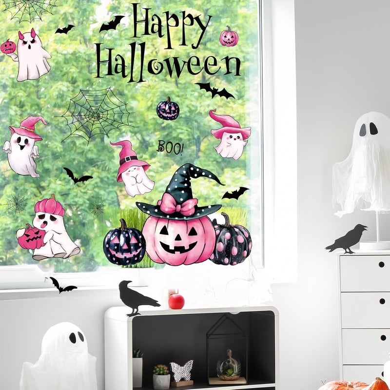 Whaline 6 Sheets Happy Halloween Window Clings Pink-Black Boo Ghost Pumpkin Spider Web Cat Reusable Window Decals for Home Classroom Office Glass Decor Party Supplies - Image 4